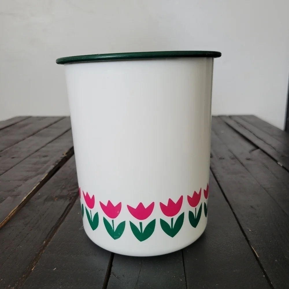 Tupperware Vintage White Plastic Canister Jar Green Lid Pink Tulips Flowers